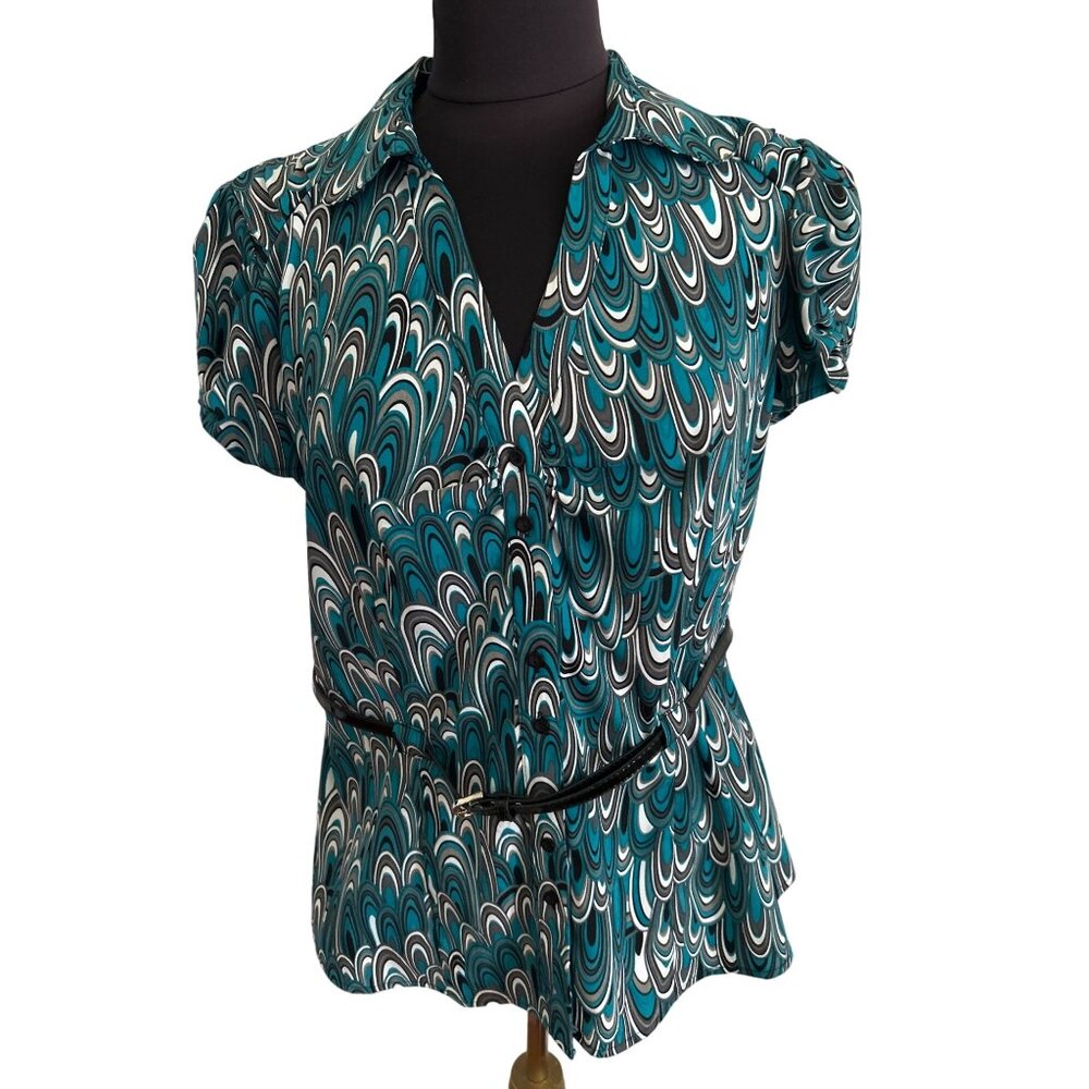Bay Studio Career Top Teal Black White Abstract Print Short Sleeve Belted Blouse